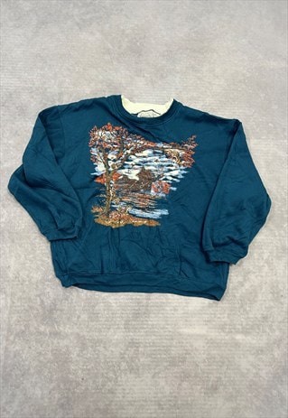 Vintage Sweatshirt Cottagecore Tree House Patterned Jumper