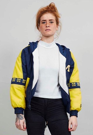 VINTAGE 90'S BLUE REVERSIBLE MICHIGAN HOODED BOMBER JACKET