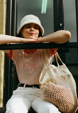 EMBROIDERED 'MARKET TREATS' FLORAL ORGANIC BAG