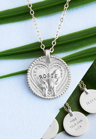 SILVER PERSONALISED NAME COIN HEART NECKLACE WITH MESSAGE