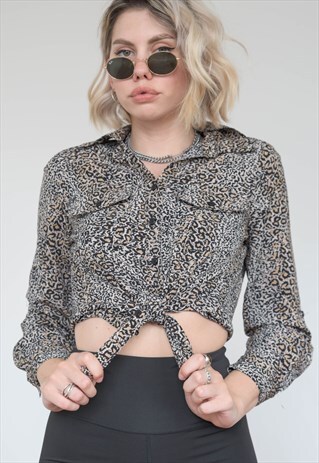 VINTAGE 70S BLOUSE IN BEIGE BLACK LEOPARD PATTERN