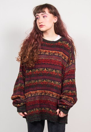 VINTAGE 90'S RED & GREEN GRUNGE KNIT OVERSIZED JUMPER