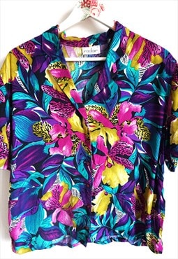 Vintage Womens Floral Flowers Blouse Shirt Buttons down