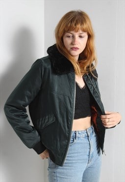 Vintage Faux Fur Collared padded Bomber Jacket Green