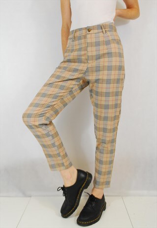 TARTAN CHECK HIGH WAISTED MOM TAPERED CIGARETTE PANTS