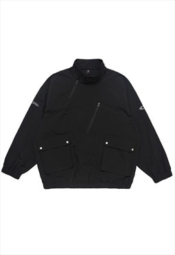 Utility windbreaker grunge rain jacket asymmetric coat black