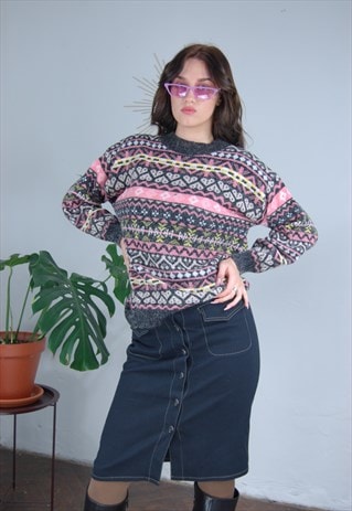 VINTAGE ABSTRACT CHRISTMAS KNITTED BAGGY JUMPER IN GREY PINK