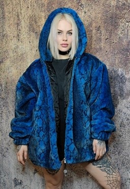 Faux fur snake jacket detachable Python fleece bomber blue