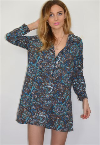 VINTAGE 1970S BOHO BLUE BROWN PAISLEY MINI SHIRT DRESS TUNIC