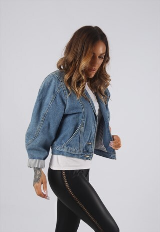VINTAGE CROPPED DENIM JACKET BOXY FIT UK 10 SMALL (BRBR)