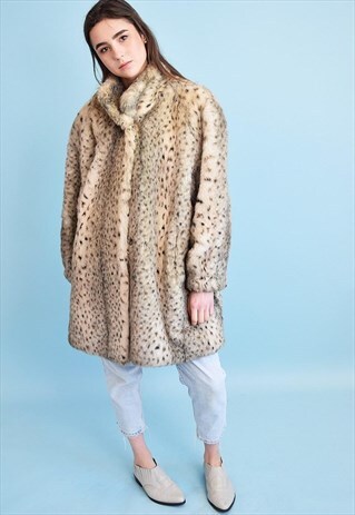 VINTAGE 80'S RETRO OVERSIZED ANIMAL PRINT FAUX FUR COAT
