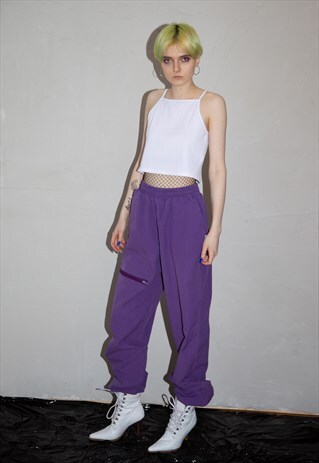 80S VINTAGE CHECKERED VIOLET TRACK PANTS WITH ZIPPED POCKET