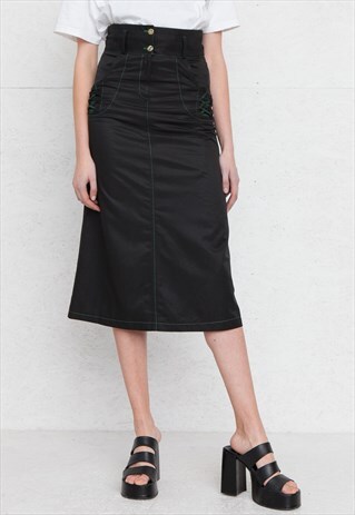 VINTAGE BLACK DICLE HIGH WAISTED MIDI SKIRT