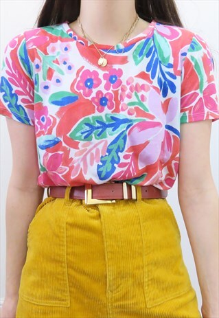 FUNKY 90S VINTAGE TROPICAL RAINBOW FLORAL BLOUSE TOP