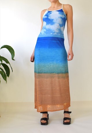 VINTAGE 90S Y2K SPAGHETTI STRAP LONG COLOURFUL MESH DRESS S