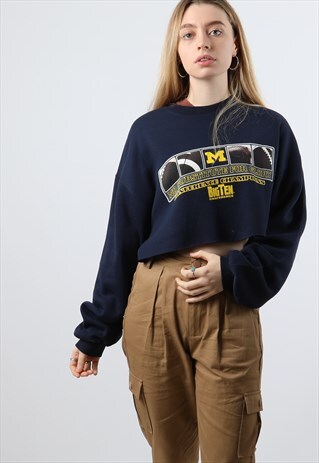 VINTAGE JERZEES L NAVY CROPPED PRINT SWEATSHIRT