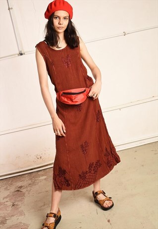 90'S RETRO BOHO FESTIVAL FLORAL EMBROIDERED MIDI DRESS