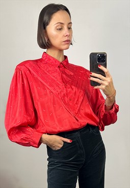 Red Satin Blouse, Long Sleeve Silky Oversized Shirt