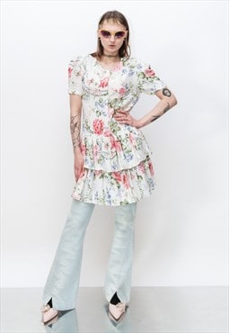 90's Vintage sweet floral peplum dress in white & pastel