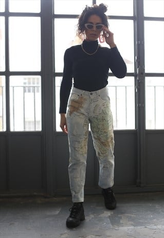 VINTAGE CAVALLI HIGH WAIST LIGHT WASH MAP MOM JEANS BLUE