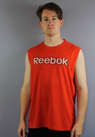 VINTAGE REEBOK T SHIRT VEST IN ORANGE WITH EMBROIDERED PRINT