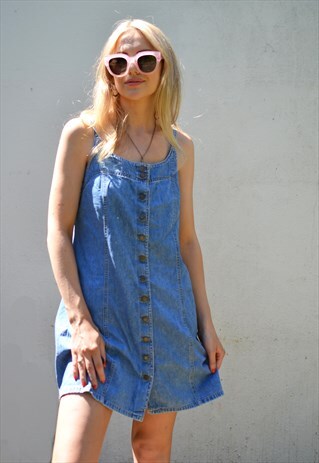 VINTAGE 90S BLUE DENIM BUTTON FRONT STRAP MINI DRESS