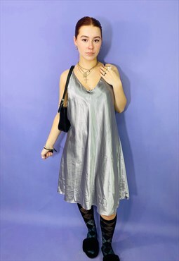 Vintage 90s Silver Satin Mini Slip Dress