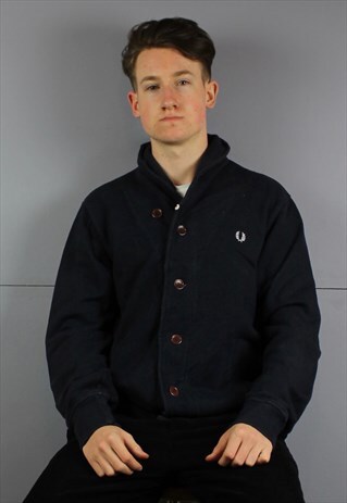 VINTAGE FRED PERRY BUTTON UP SWEATSHIRT IN NAVY BLUE WITH PO
