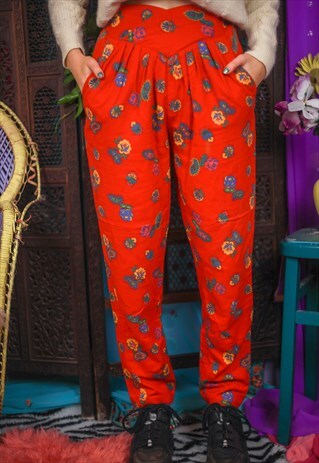 VINTAGE 90'S RED PATTERNED HIGH WAISTED TROUSERS