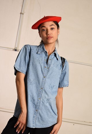 90'S RETRO DENIM EMBROIDERED FLORAL FESTIVAL BLOUSE TOP