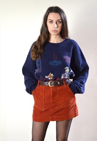 80S VINTAGE CARTOON MOTIF BLUE AND RED KNIT JUMPER