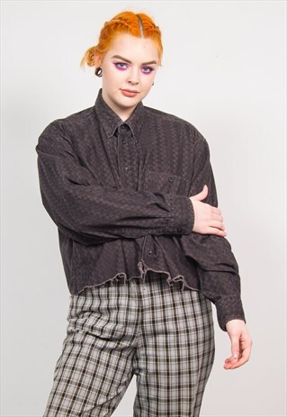 VINTAGE 90'S BROWN CHECKED PATTERN CORD CROPPED SHIRT