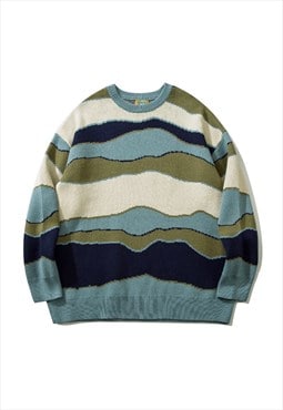 Abstract sweater striped jumper knitted color block top blue