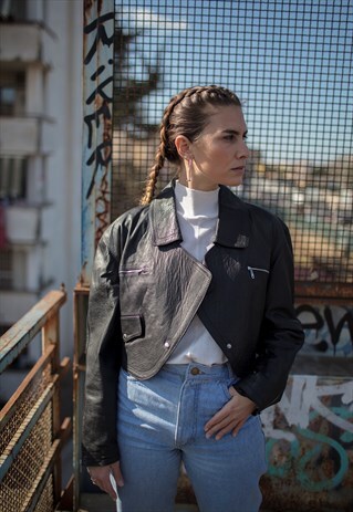 VINTAGE LEATHER JACKET WITH HANDPAINTED FLAMINGO