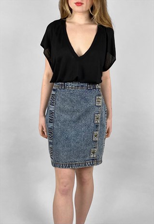 80's Vintage Acid Stone Wash Ladies Denim Blue Pencil Skirt