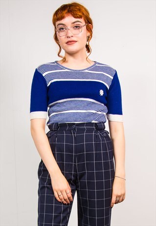 VINTAGE 70'S BLUE KNIT STRIPED PATTERN RIBBED TOP