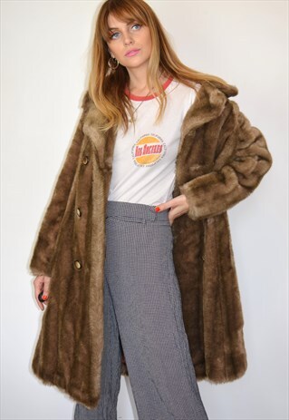 VINTAGE 60S LONG BROWN FAUX FUR COAT