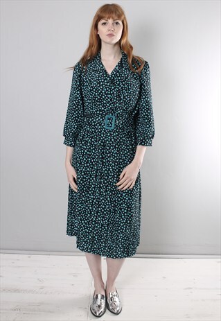 VINTAGE 70S TURQUOISE POLKA DOT BELTED PLEAT DRESS
