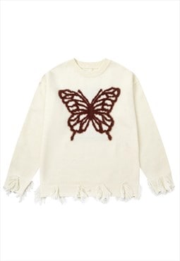 Ripped sweater cream butterfly jumper grunge knitted top