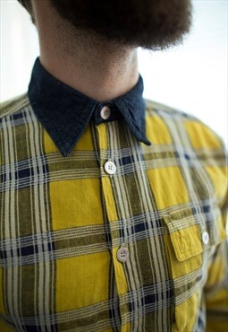 Vintage Y2K 80's Yellow Checked Denim Collar Cotton Shirt