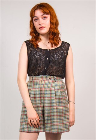 VINTAGE 90'S BLACK FLORAL LACE MESH BUTTON DOWN VEST TOP