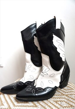 Vintage Black Genuine Leather Cowboy Western Boots Shoes