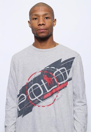 VINTAGE POLO SPORT RALPH LONG SLEEVE T-SHIRT TOP LOGO GREY