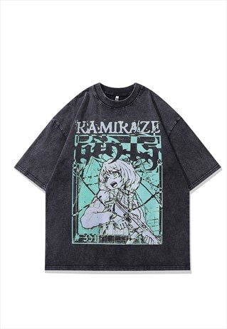 KAMIKAZE T-SHIRT ANIME PRINT TEE RETRO JAPANESE TOP IN GREY