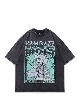 Kamikaze t-shirt Anime print tee retro Japanese top in grey
