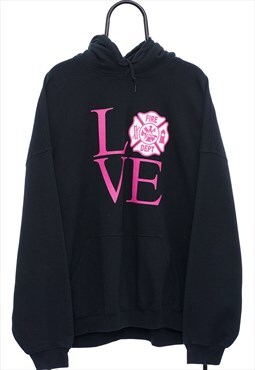 Retro Love Fire Dept Graphic Black Hoodie Mens