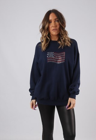 SWEATSHIRT JUMPER USA FLAG OVERSIZED VINTAGE UK 14 (CKHI)