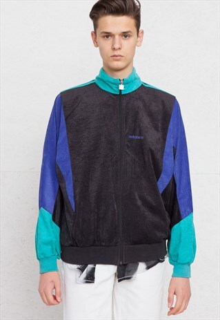 VINTAGE BLACK BLUE ADIDAS ZIP TRACK VELOUR JACKET