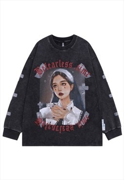 Nun sweatshirt Gothic print long sleeve tee vintage wash top