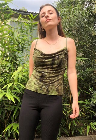 VINTAGE 90S Y2K OLIVE GREEN COWL NECK CAMI TOP